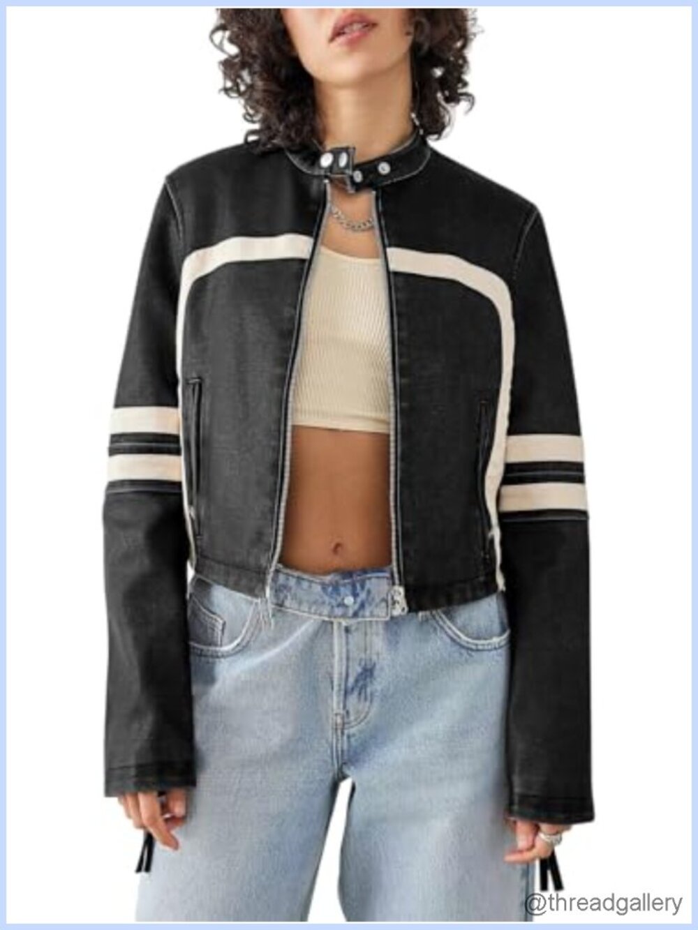 Faux Leather Cropped Moto Biker Jacket Striped Stitching Button